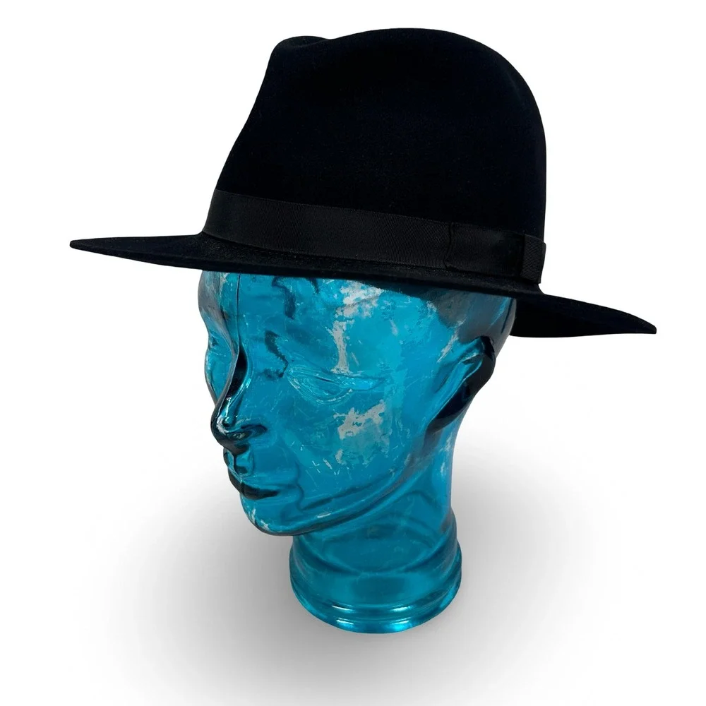 Fiorentino Black Fur Felt Fedora Hat Made in Italy Small Pinch Front‎ Wide Brim